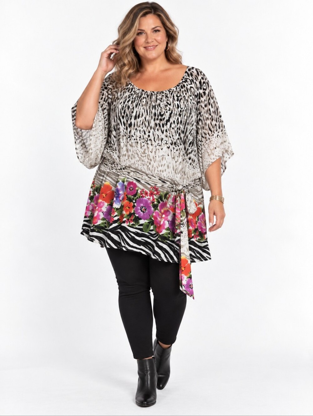 Peter Nygard 3X Tunic Top Animal Floral Print Belted Dolman Sleeve Plus